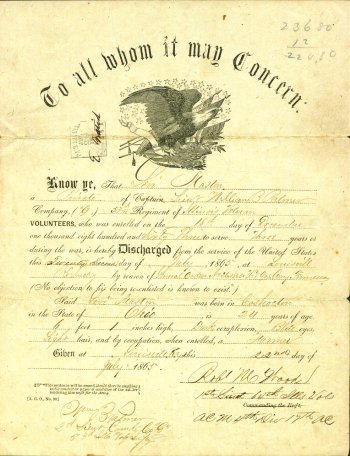 The Civil War Military Discharge of Levi Mastin 1865